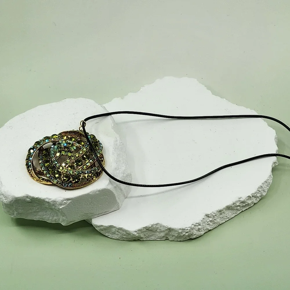 Olive Green Rhinestone Pendant Necklace Gold Tone AB Crystal Statement Glam